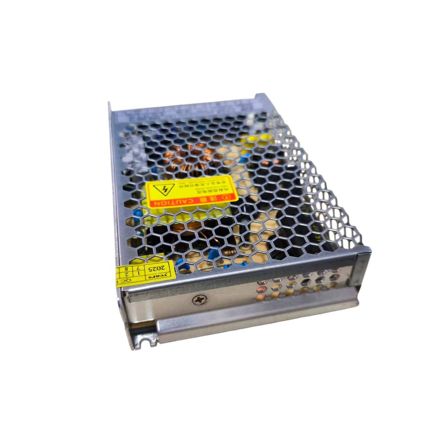Metal electrical power supply unit with warning labels on a white background