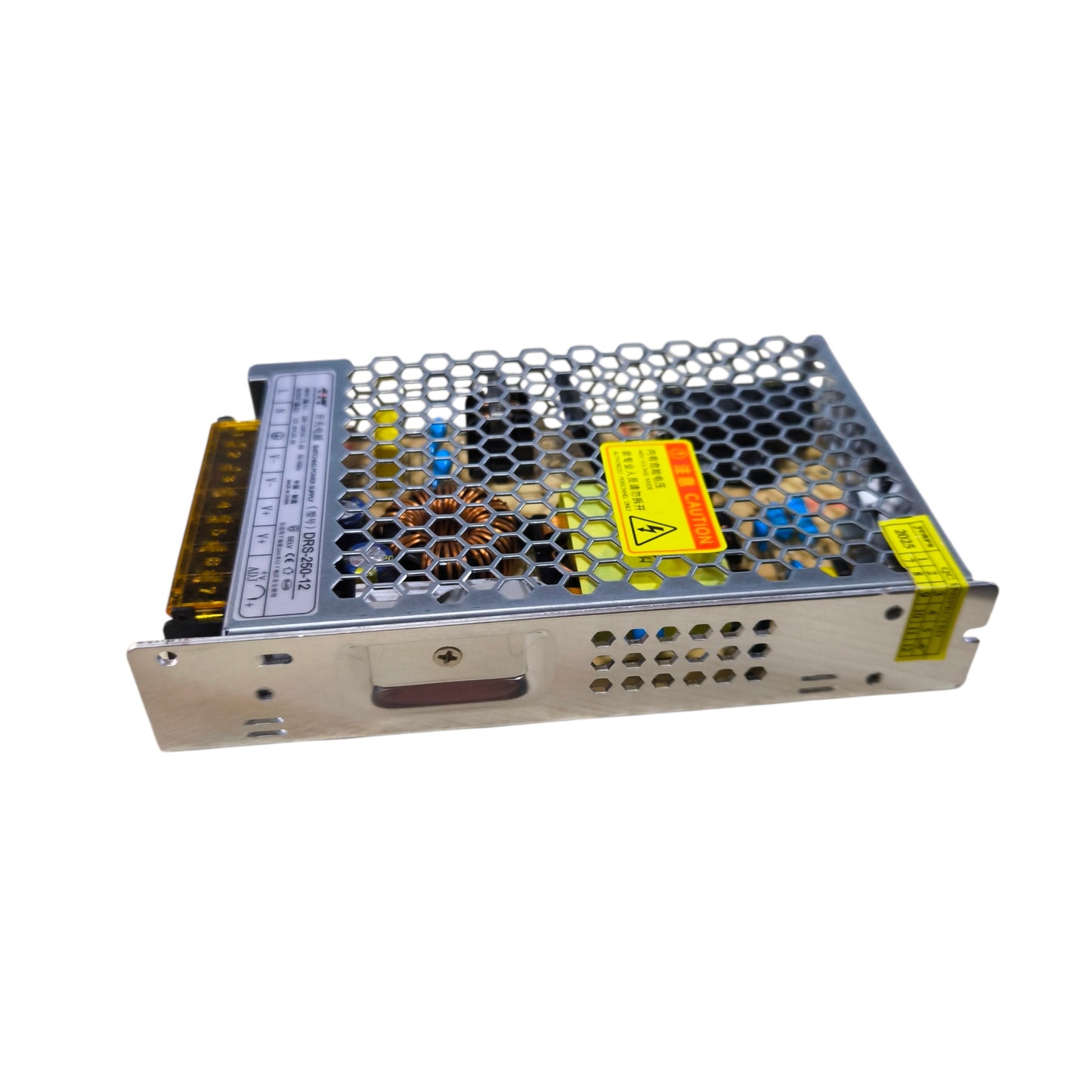 Power supply unit with metal casing on a white background