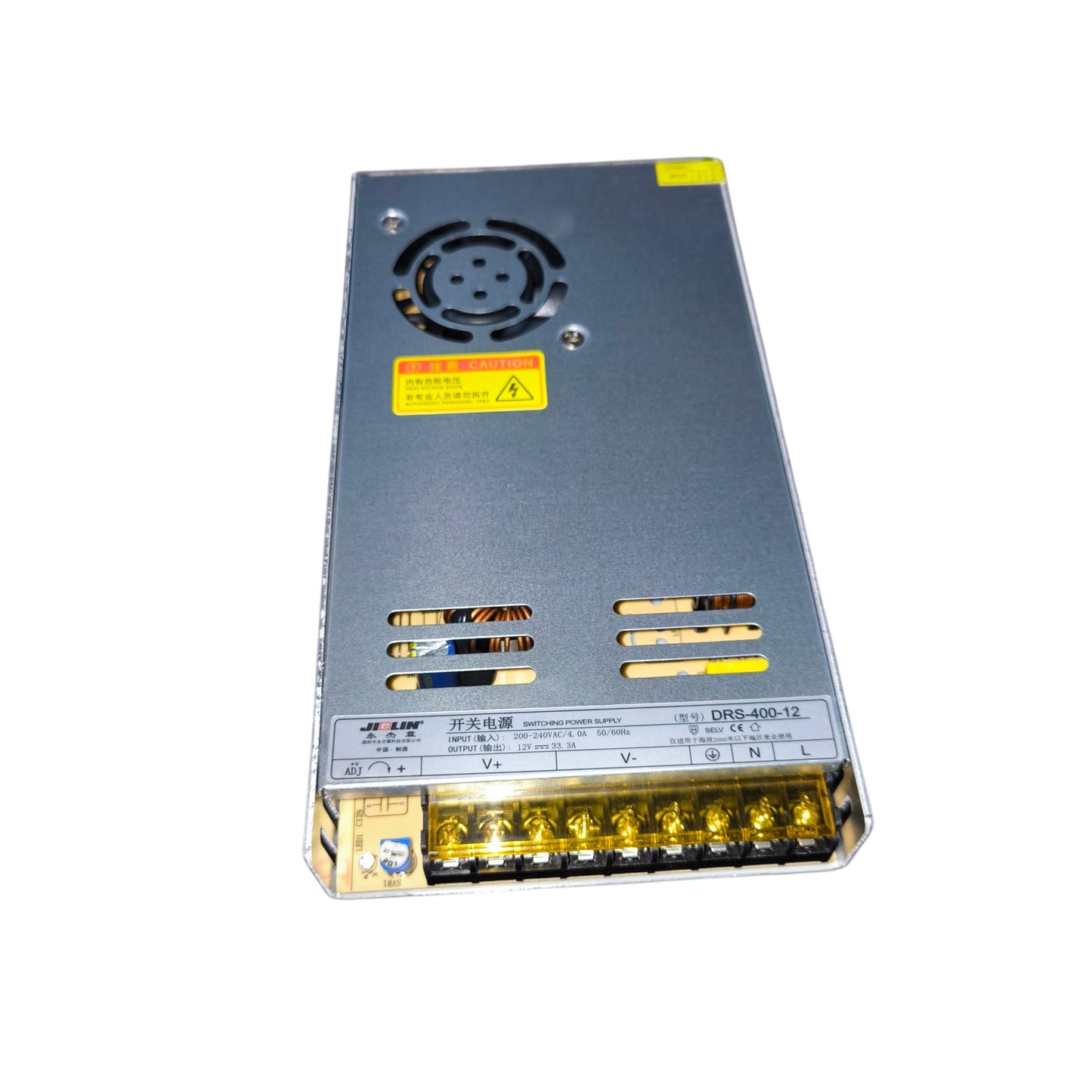 Power supply unit with a fan and label on a white background