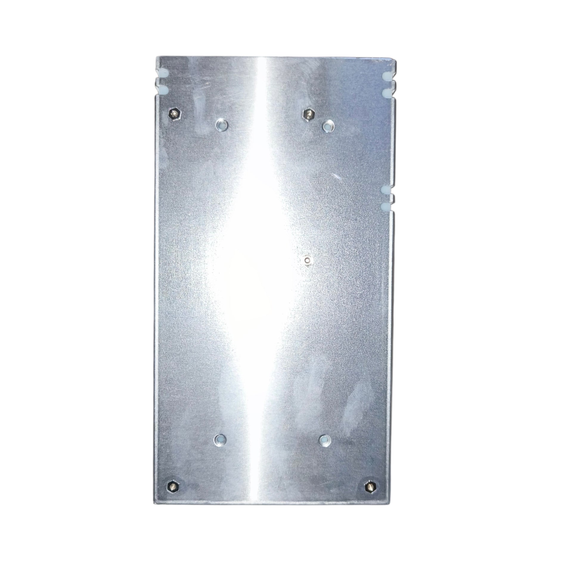 Metallic rectangular plate with drilled holes on a white background