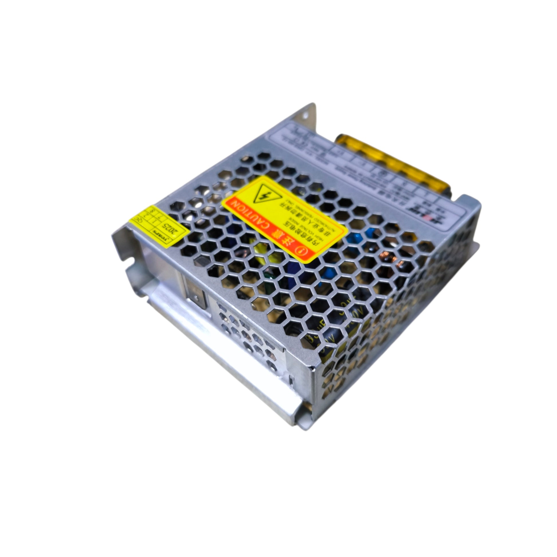 Power supply unit with warning labels on a white background
