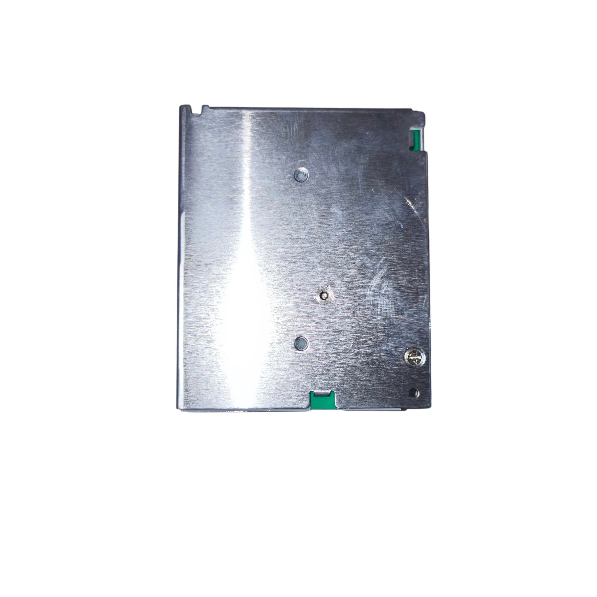 Metallic rectangular object with screws on a white background