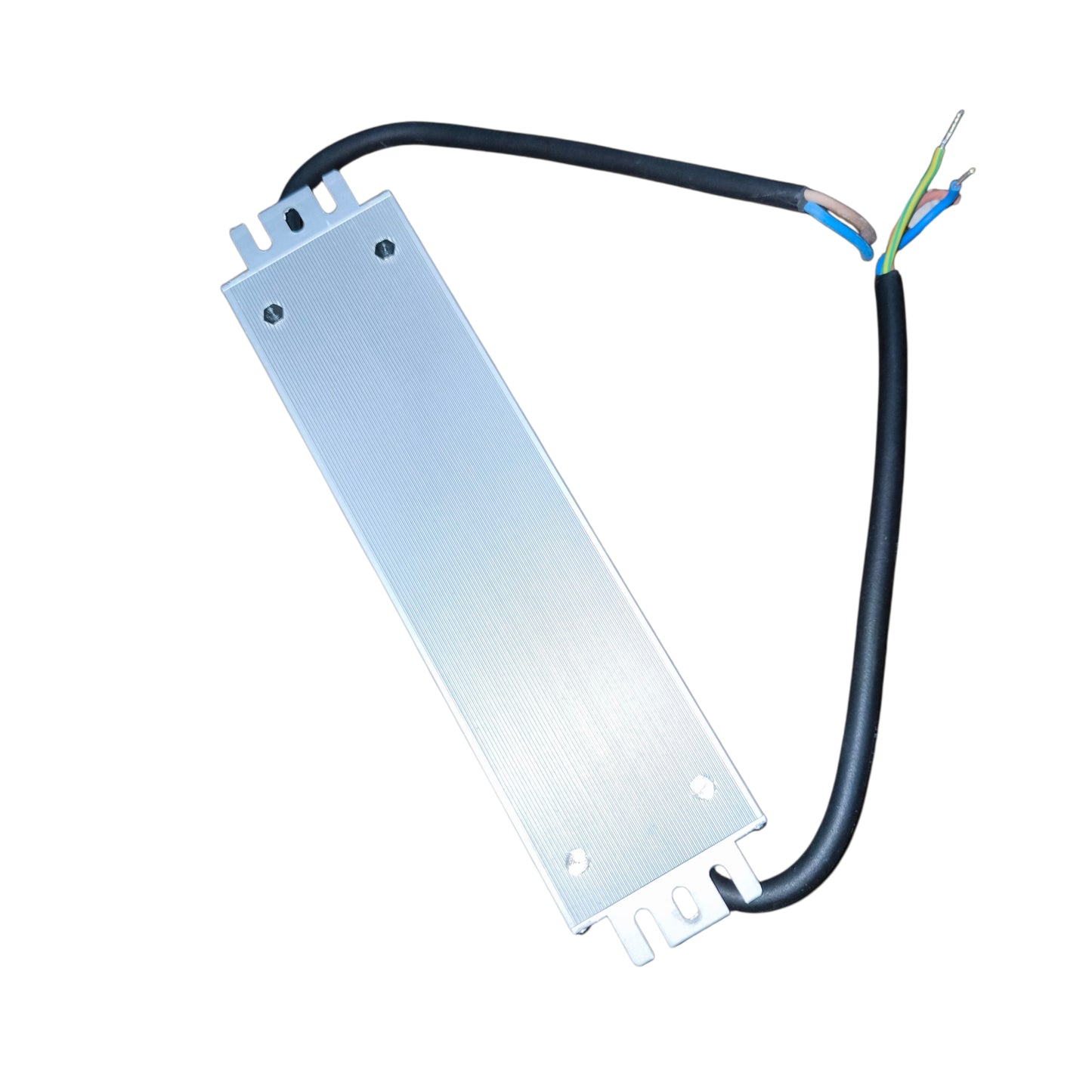 Electrical component with a white base and black cable on a white background