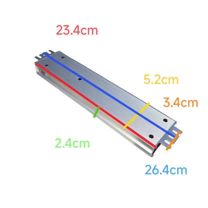 Metal track with measurements in centimeters on a white background
