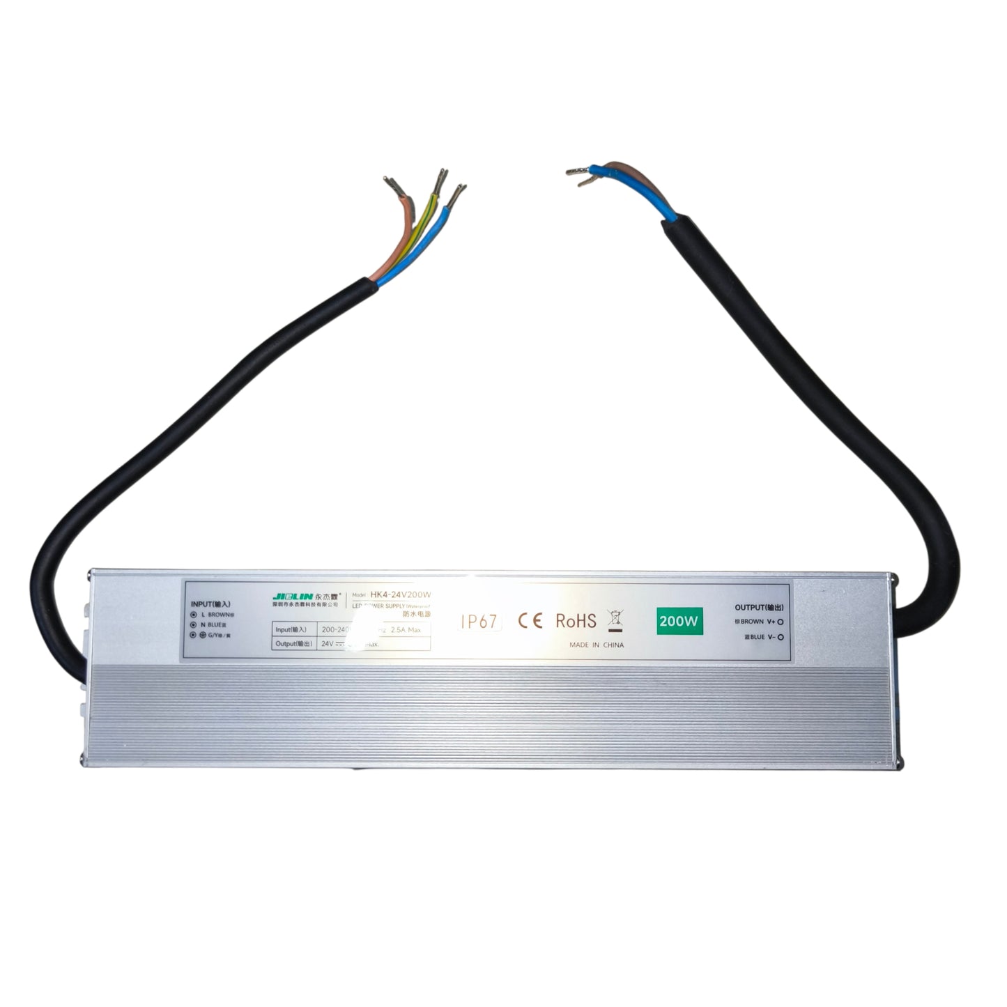 LED power supply unit with cables on a white background