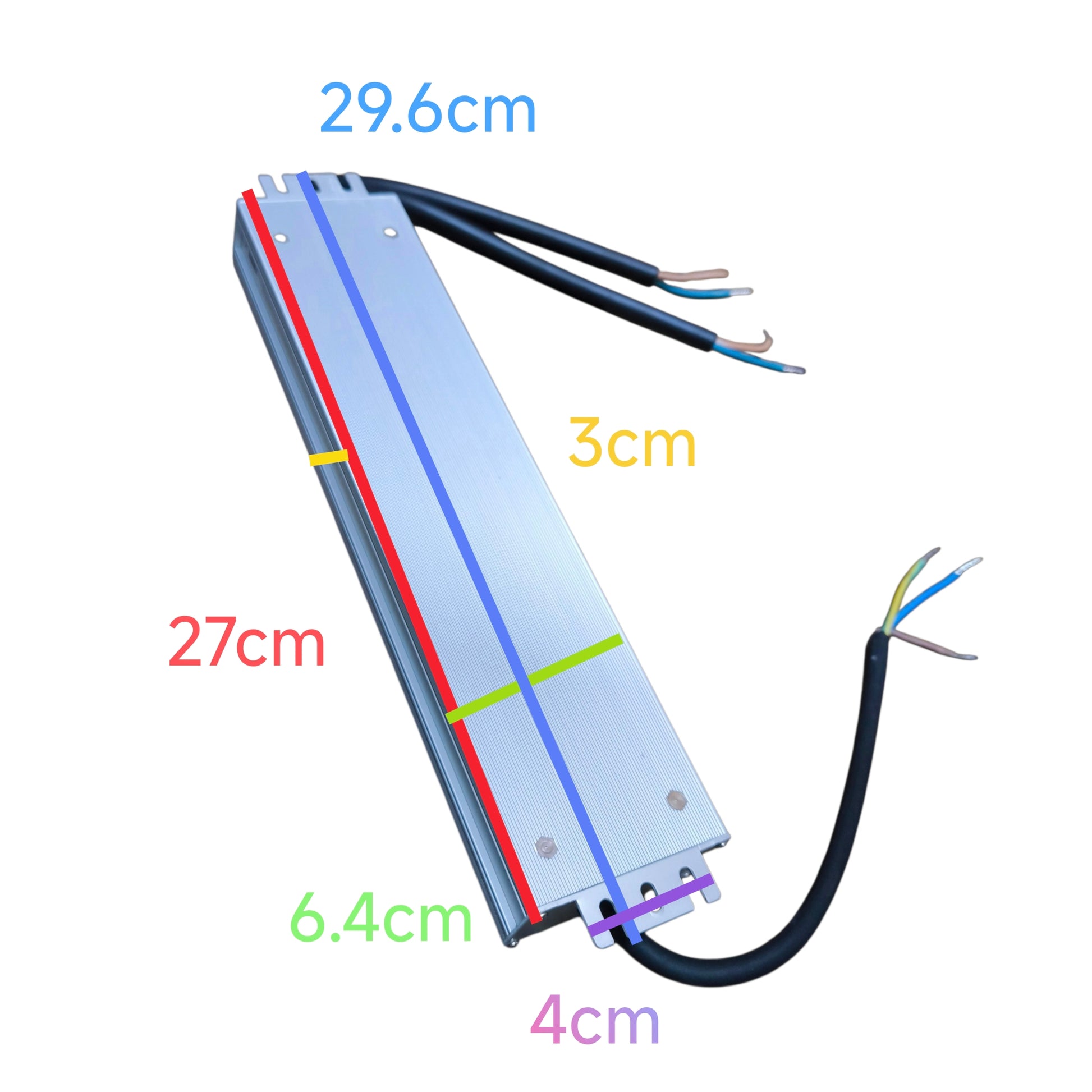Electrical component with labeled dimensions on a white background