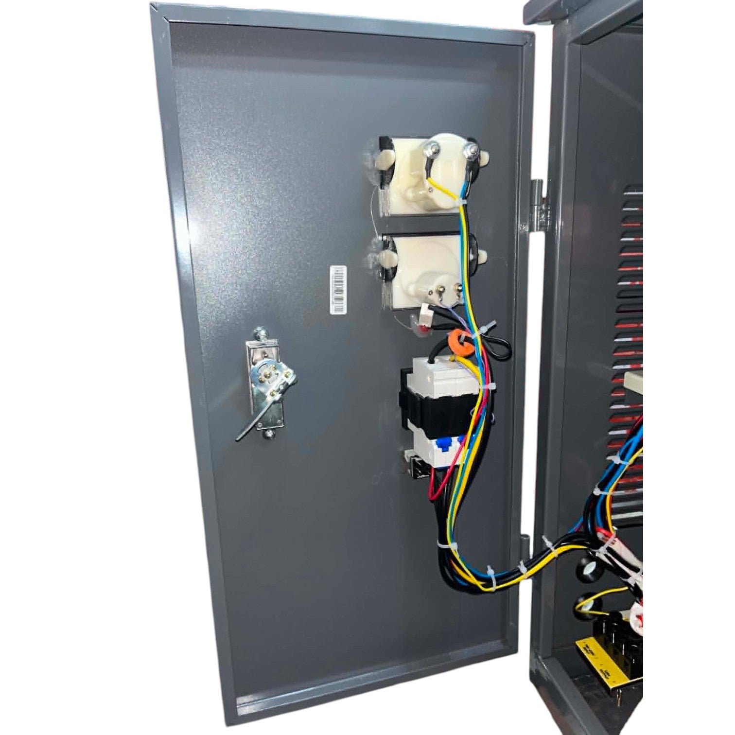 Electrical panel with wiring and components on a white background