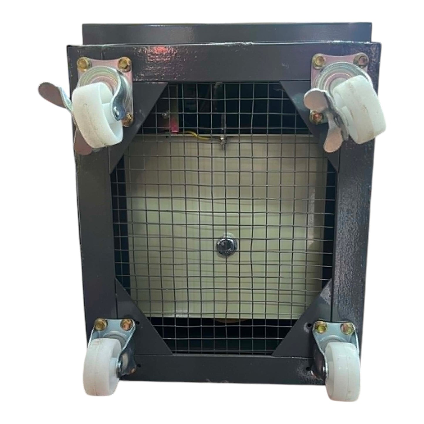 Metal cage with wheels on a white background