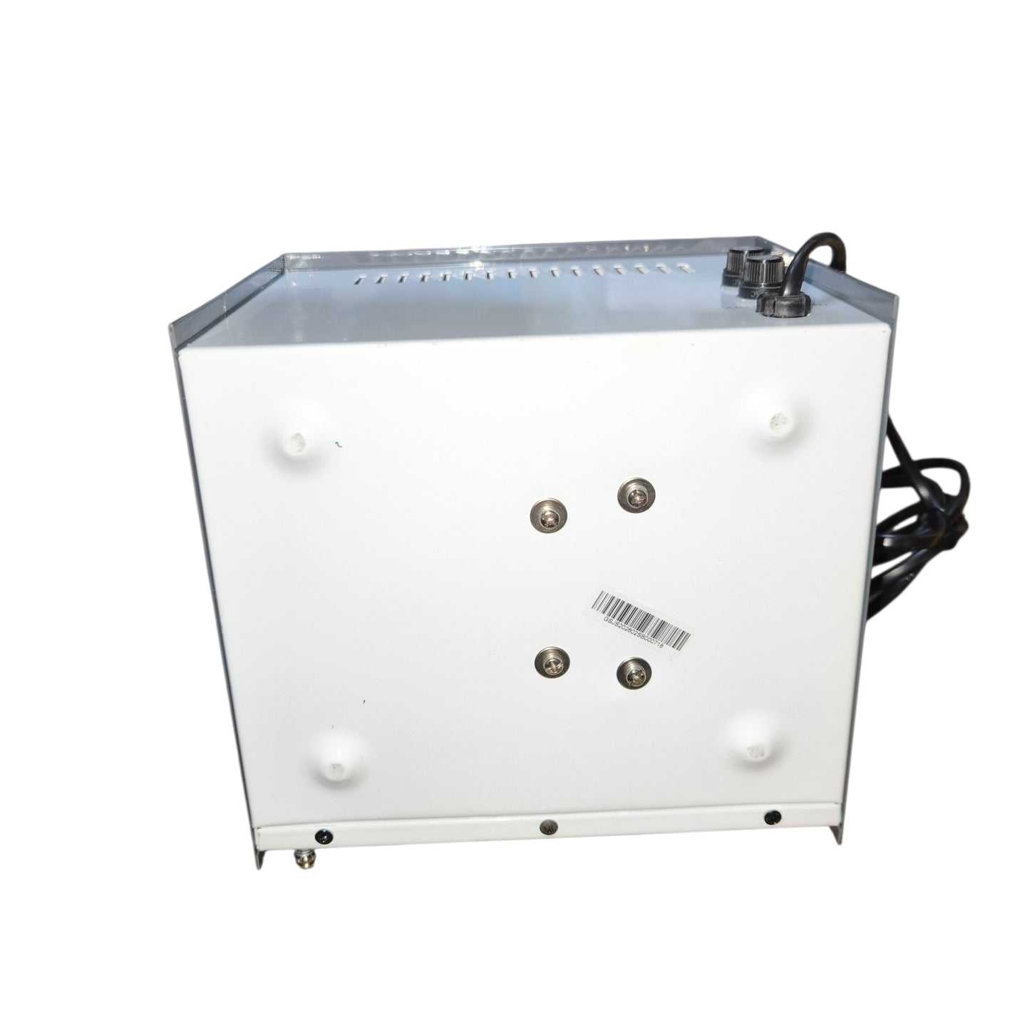 White industrial machine with metallic top on a white background