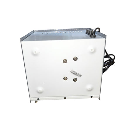 White industrial machine with metallic top on a white background