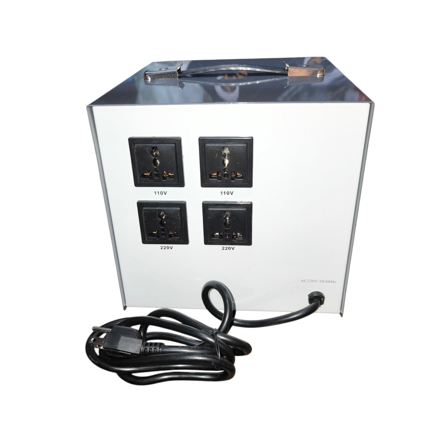 Power strip with multiple outlets on a white background