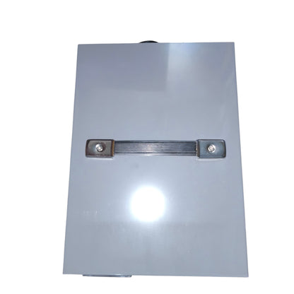 Metallic object with a central bar and two attachments on a white background