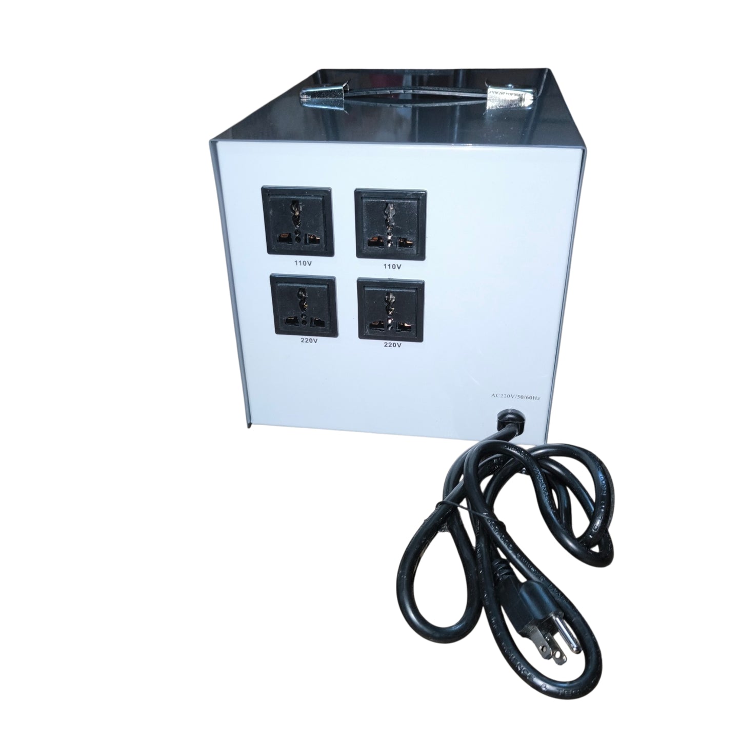 Power strip with multiple sockets and a power cord on a white background