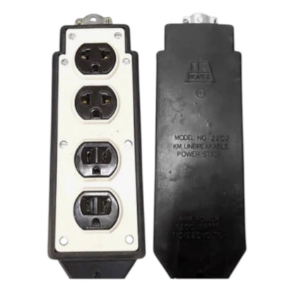 Electrical power strip with multiple outlets and a black power stack on a white background