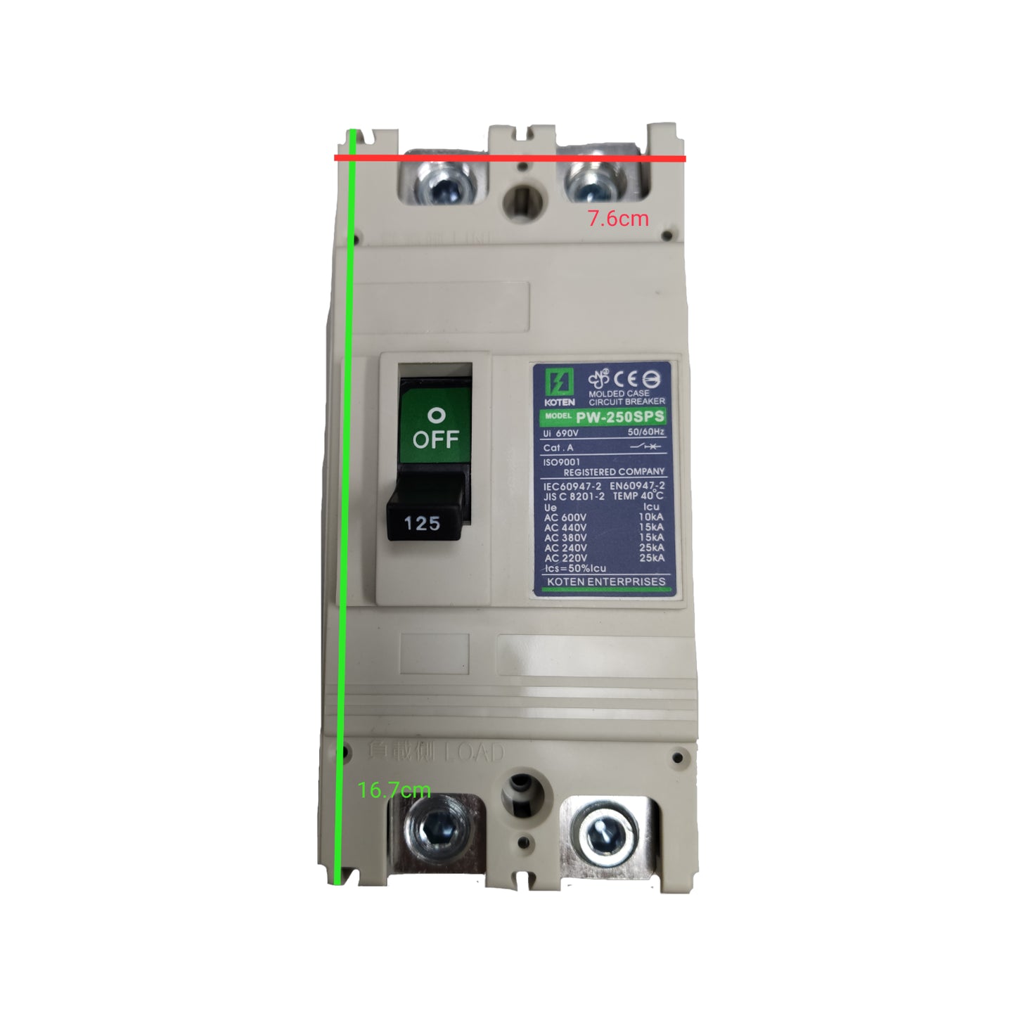Koten 125A 2P 25KAIC 250V Molded Case Circuit Breaker 25KAIC 250V Single Phase 2 Pole MCCB Industrial Circuit Breaker PW-250SPS125A2P