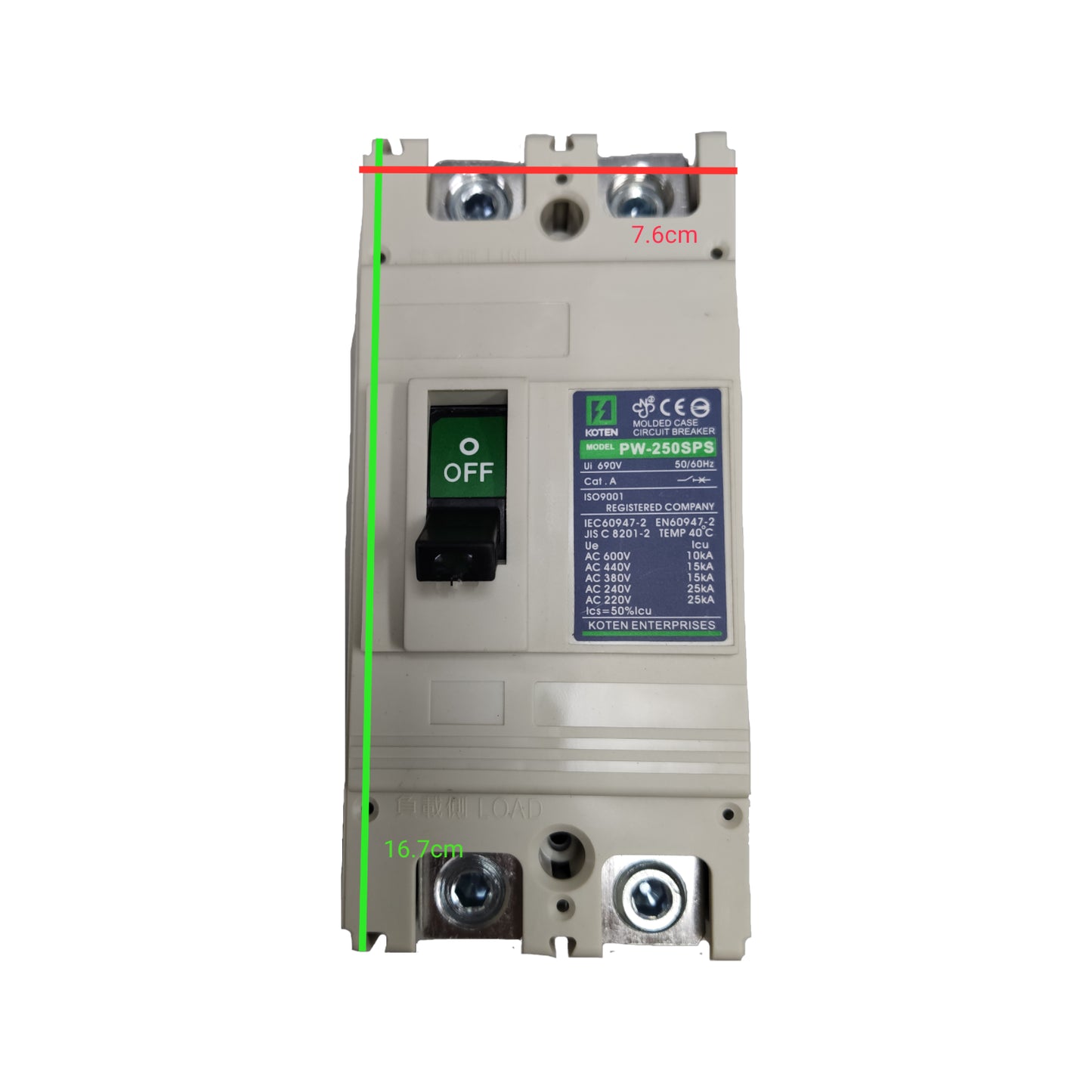Koten 200A 2P 25KAIC 250V Molded Case Circuit Breaker Single Phase 2 Pole MCCB Industrial Circuit Breaker PW-250SPS200A2P