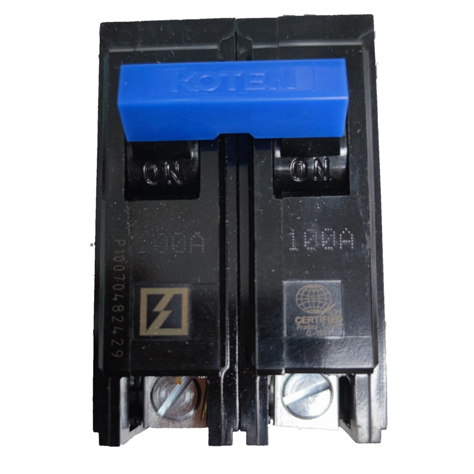 Electrical circuit breaker with blue top and visible branding on a white Koten 100A 2 Pole 10KAIC 220V Circuit Breaker Plug-in HPH-P100A2P for Safety Overload Easy Installation Electx ELectrical Supplybackground