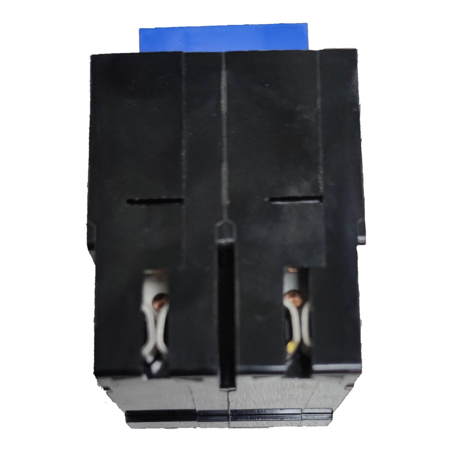 Black plastic component with cutouts and a blue square on a white Koten 100A 2 Pole 10KAIC 220V Circuit Breaker Plug-in HPH-P100A2P for Safety Overload Easy Installation Electx ELectrical Supplybackground