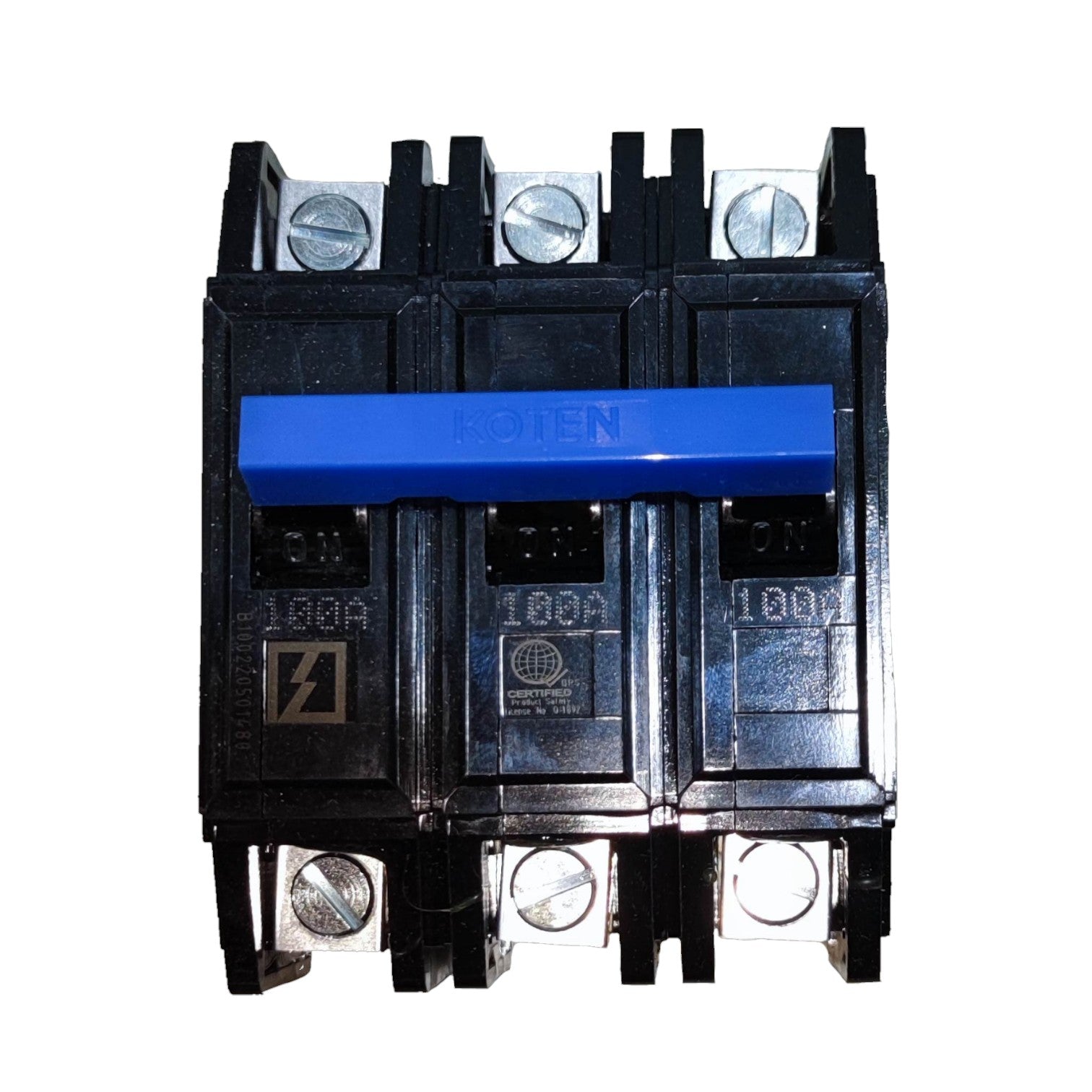 Electrical contactor with blue handle on a white background Koten 100A 3Pole 10KAIC 220V Circuit Breaker 3 Phase Bolt On HPH3P100A for Safety Overload