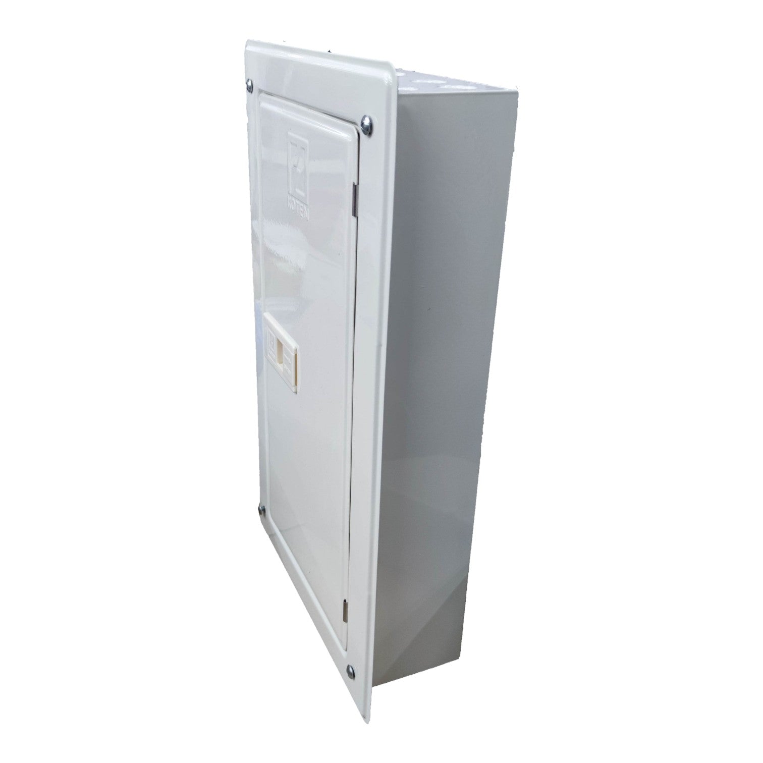 Metallic box with a hinged lid on a white background Koten 12 Branches Panel Board 2 Pole Main 2 Pole Branches for Miniature Circuit Breaker KTM1-2P12B Flush Mounted Type Metal Base Electx Electrical Supply