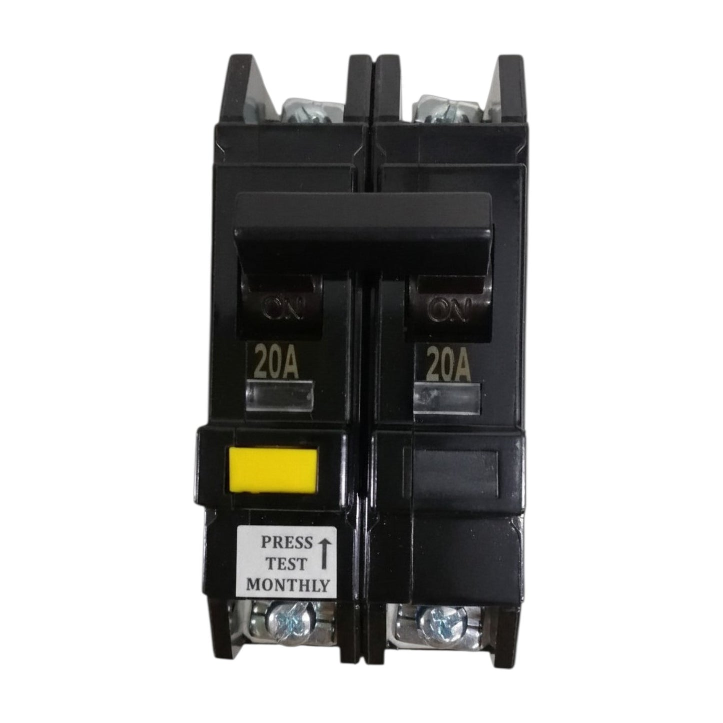 Black electrical circuit breaker with 20A rating on a white background