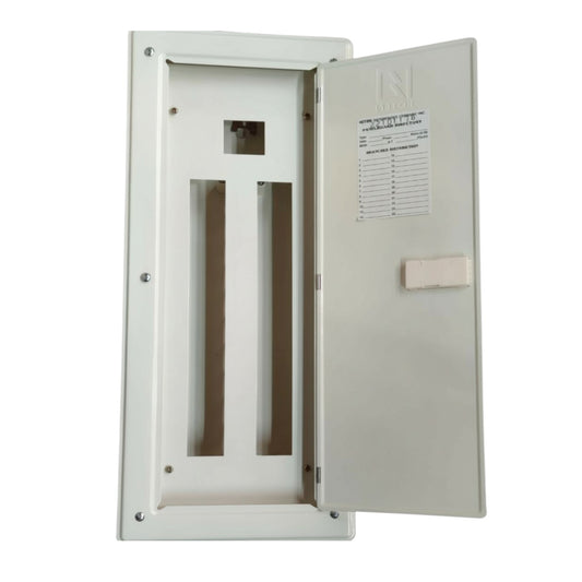 Electrical panel box with open door on a white background Koten 20 Branches Panel Board 2 Pole Main 2 Pole Branches for Miniature Circuit Breaker KTM1-2P20B Flush Mounted Type Metal Base Electx Electrical Supply
