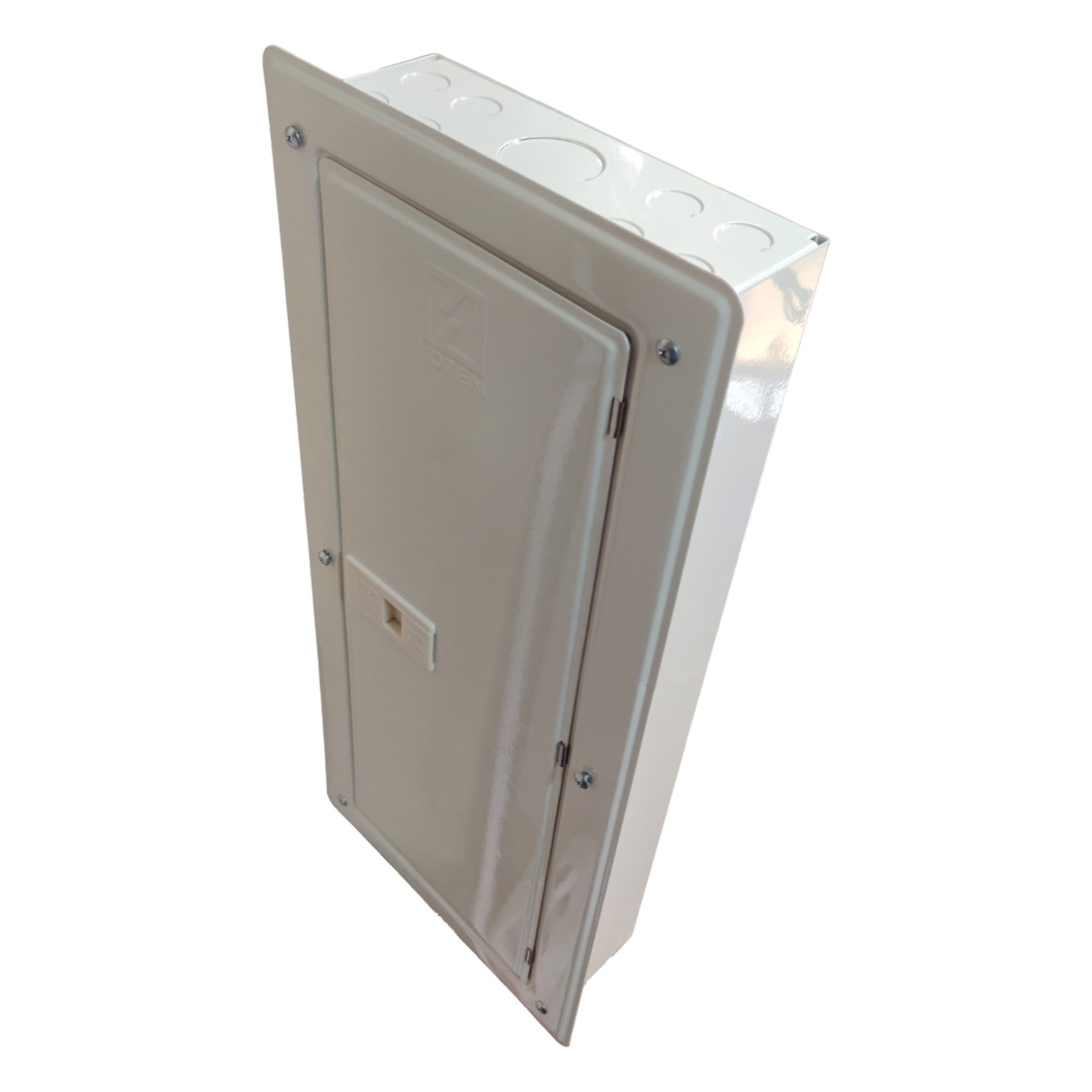 Metallic rectangular panel with a hinged door on a white background Koten 20 Branches Panel Board 2 Pole Main 2 Pole Branches for Miniature Circuit Breaker KTM1-2P20B Flush Mounted Type Metal Base Electx Electrical Supply