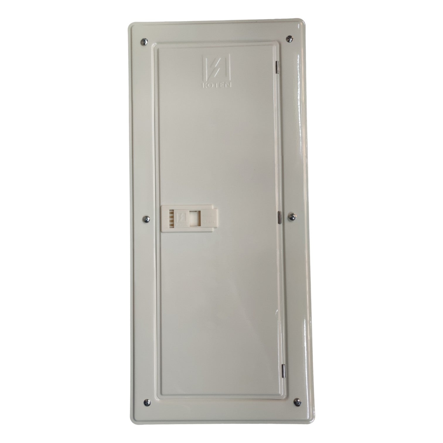 Metallic rectangular panel with a switch on a white background Koten 20 Branches Panel Board 2 Pole Main 2 Pole Branches for Miniature Circuit Breaker KTM1-2P20B Flush Mounted Type Metal Base Electx Electrical Supply