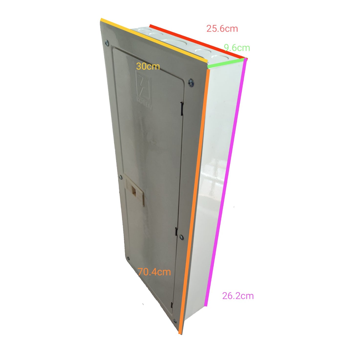 Rectangular metal box with dimensions labeled on a white background Koten 22 Branches Panel Board 2 Pole Main 2 Pole Branches for Miniature Circuit Breaker KTM1-2P22B Flush Type Mounting Metal Base Electx Electrical Supply