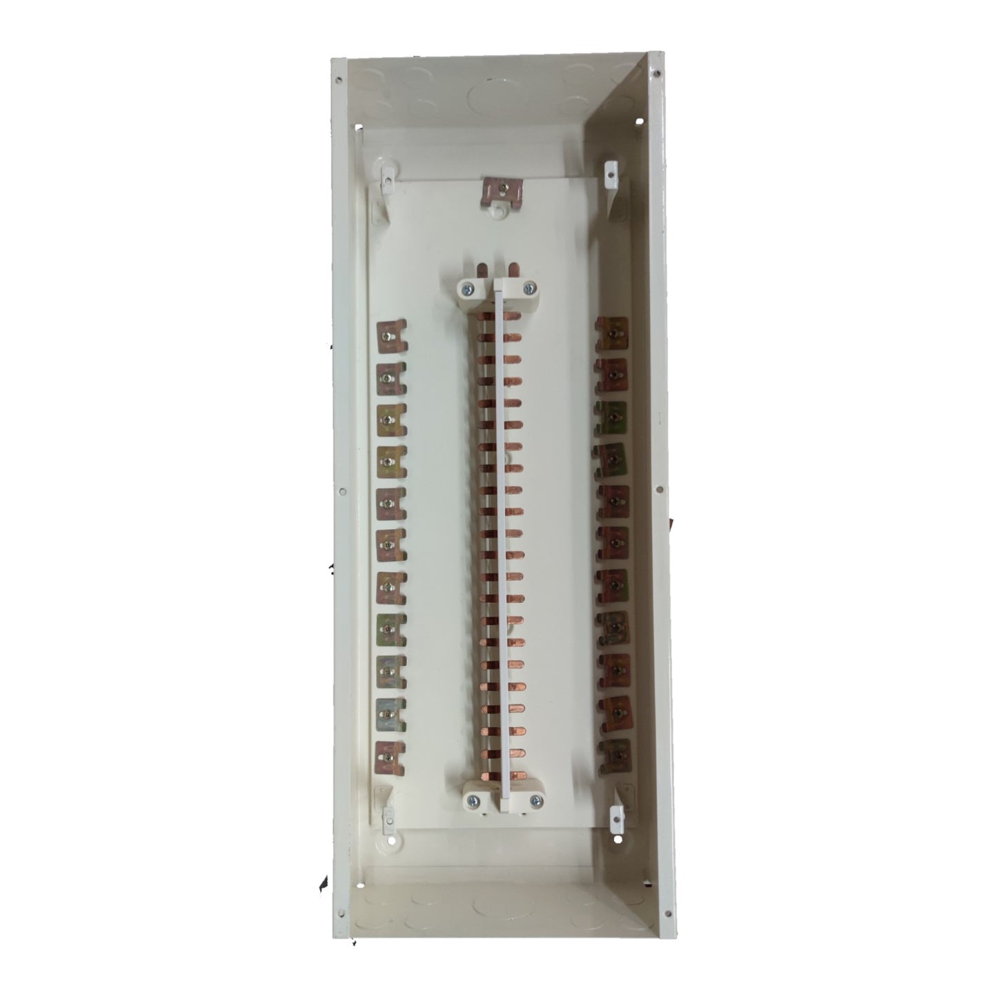 Electrical panel with multiple breaker slots on a white background Koten 22 Branches Panel Board 2 Pole Main 2 Pole Branches for Miniature Circuit Breaker KTM1-2P22B Flush Type Mounting Metal Base Electx Electrical Supply