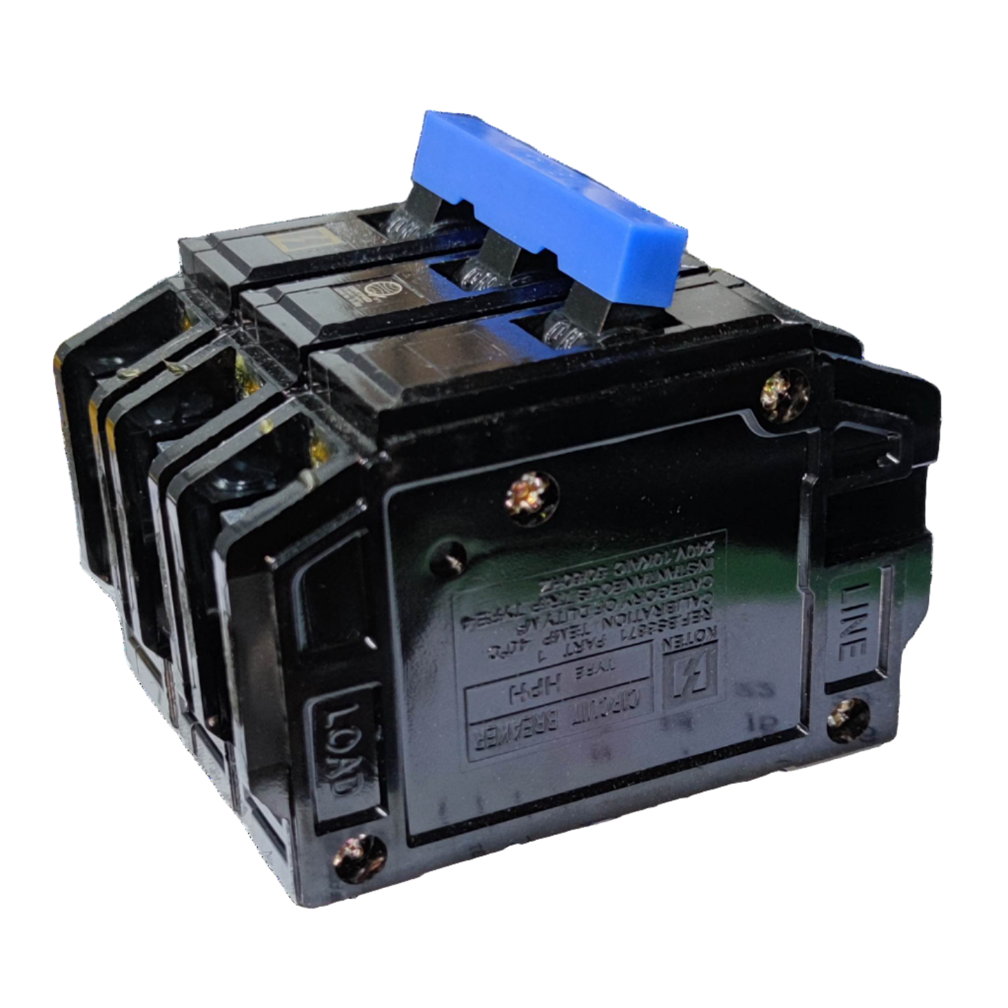 Electrical breaker switch with blue handle on a white background Koten 30A 3Pole 10KAIC 220V Circuit Breaker 3 Phase Bolt On HPH3P30A For Safety Overload Electx Electrical SUpply