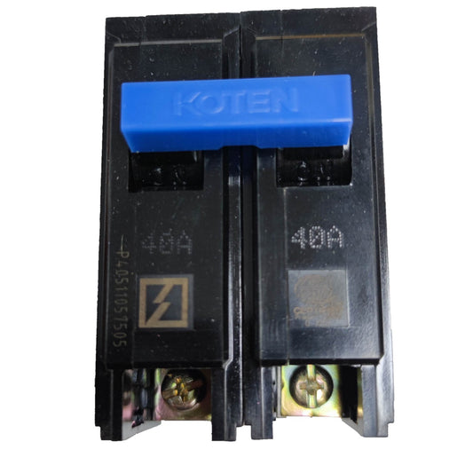 Two black electrical circuit breakers with a blue KOTEN label on a white  Koten 40A 2 Pole 10KAIC 220V Circuit Breaker Single Phase Plug-in HPH-P40A2P for Safety Overload Easy Installation Electx Electrical SUpplybackground.