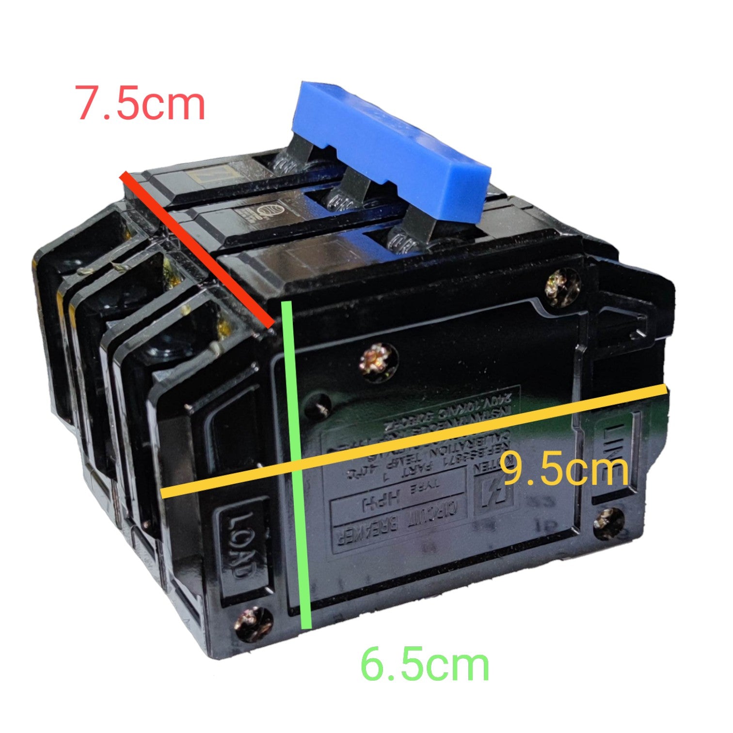Electrical switch with measurements indicated on a white background Koten 40A 3Pole 10KAIC 220V Circuit Breaker 3 Phase Bolt On HPH3P40A for Safety Overload Electx Electrical Supply