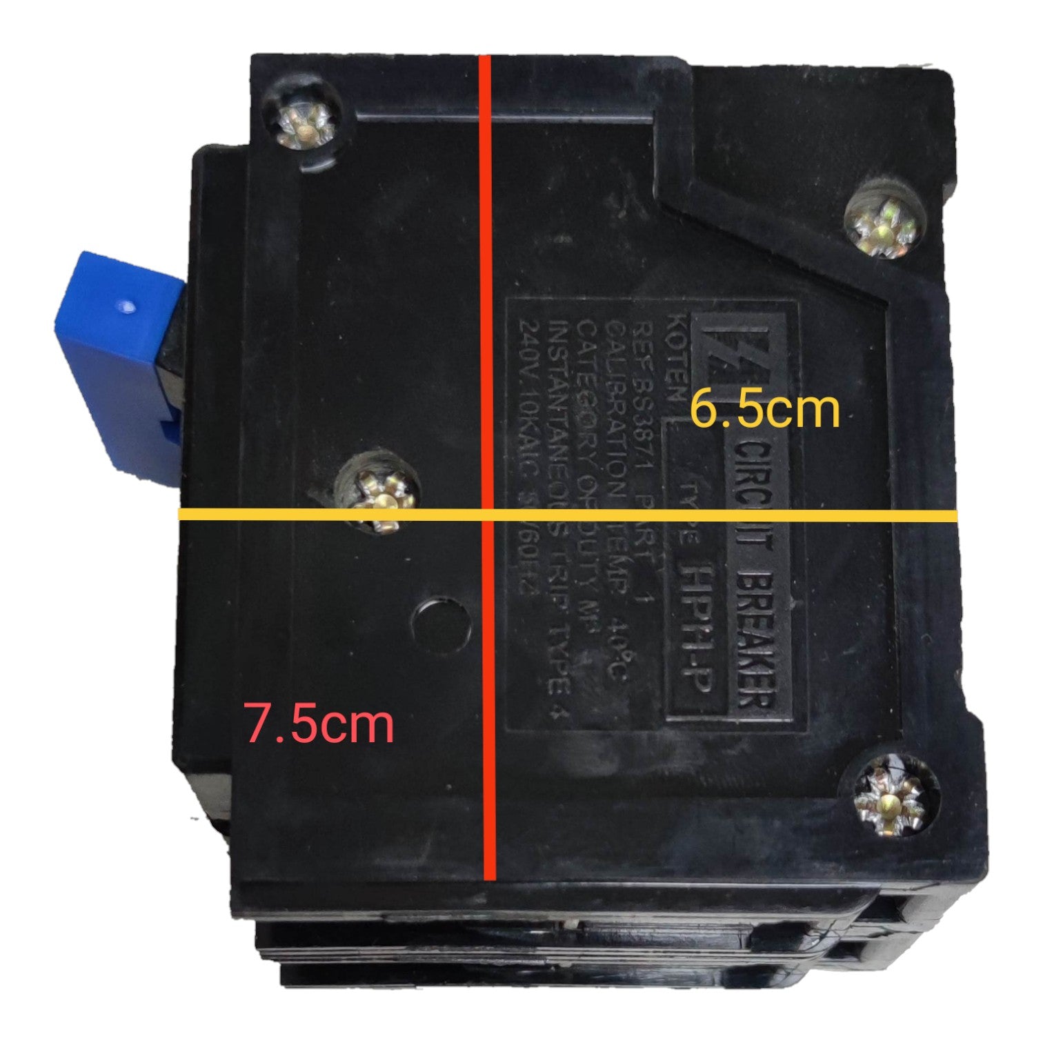 Black electrical breaker box with measurements marked on a white background Koten 50A 2 Pole 10KAIC 220V Circuit Breaker Single Phase Plug-in HPH-P50A2P For Safety Overload Easy Installation Electx Electrical Supply