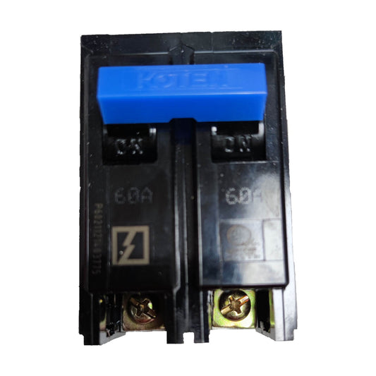 Electrical relay or switch with blue top and visible branding on a white  Koten 60A 2 Pole 10KAIC 220V Circuit Breaker Single Phase Plug-in HPH-P60A2P For Safety Overload Easy Installation Electx Electrical Supplybackground