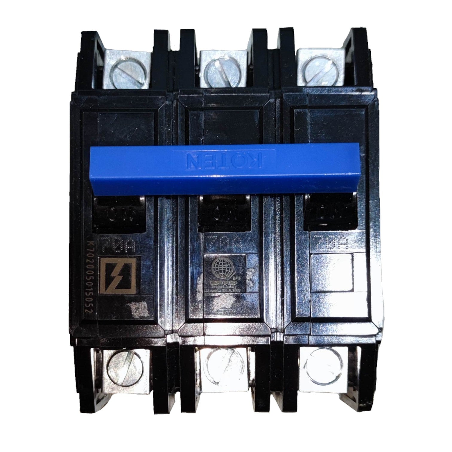 Electrical circuit breaker with blue handle on a white background Koten 70A 3Pole 10KAIC 220V Circuit Breaker 3 Phase Bolt On HPH3P70A For Safety Overload Electx Electrical SUpply