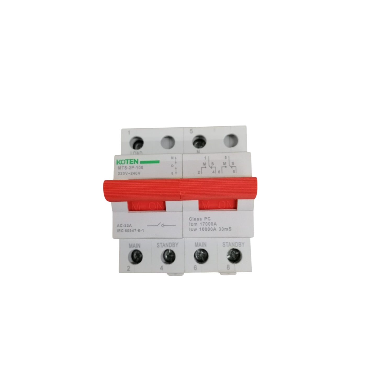 Electrical circuit breaker with red handle on a white background