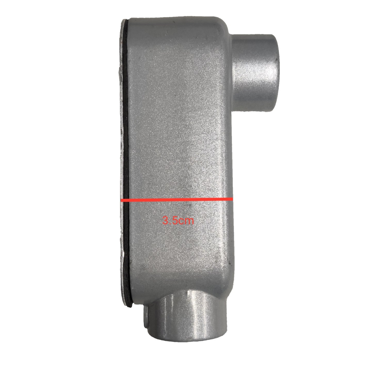Metal pipe fitting with measurement marking on a white background