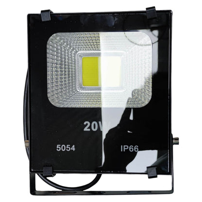 LED flood light with visible branding and specifications on a white background