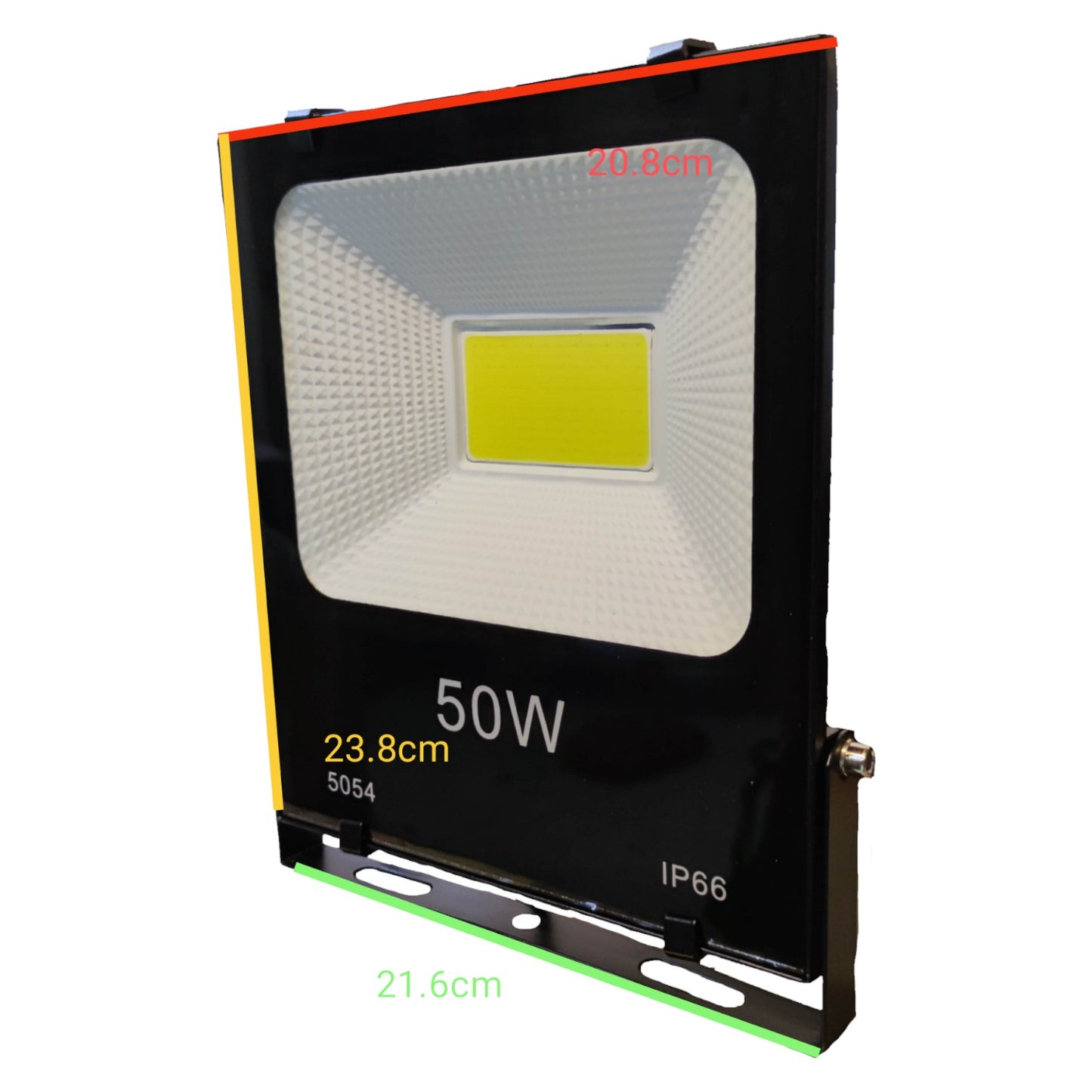 LED flood light with dimensions and specifications on a white background