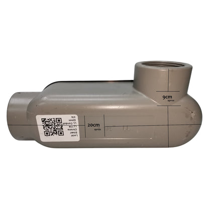 PVC pipe fitting with measurement markings on a white background