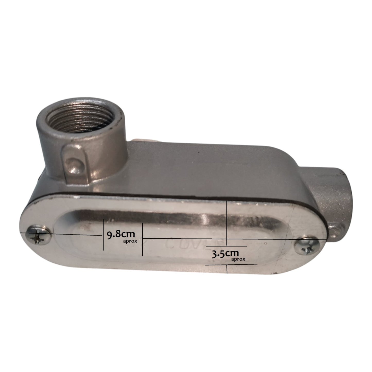 Metal pipe fitting with dimensions on a white background