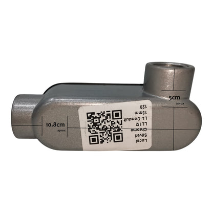Metal pipe fitting with a QR code label on a white background