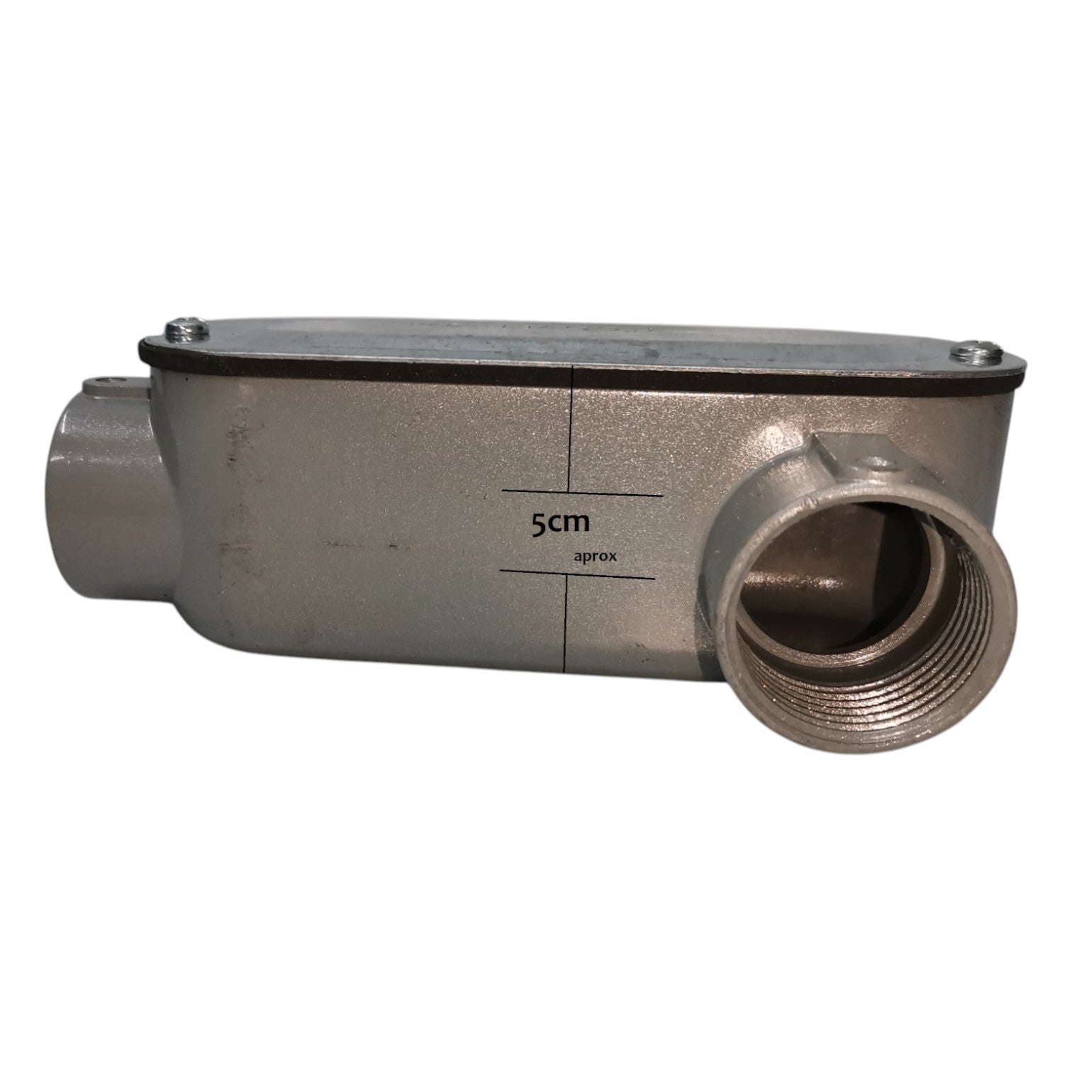 Metal pipe fitting with measurement markings on a white background