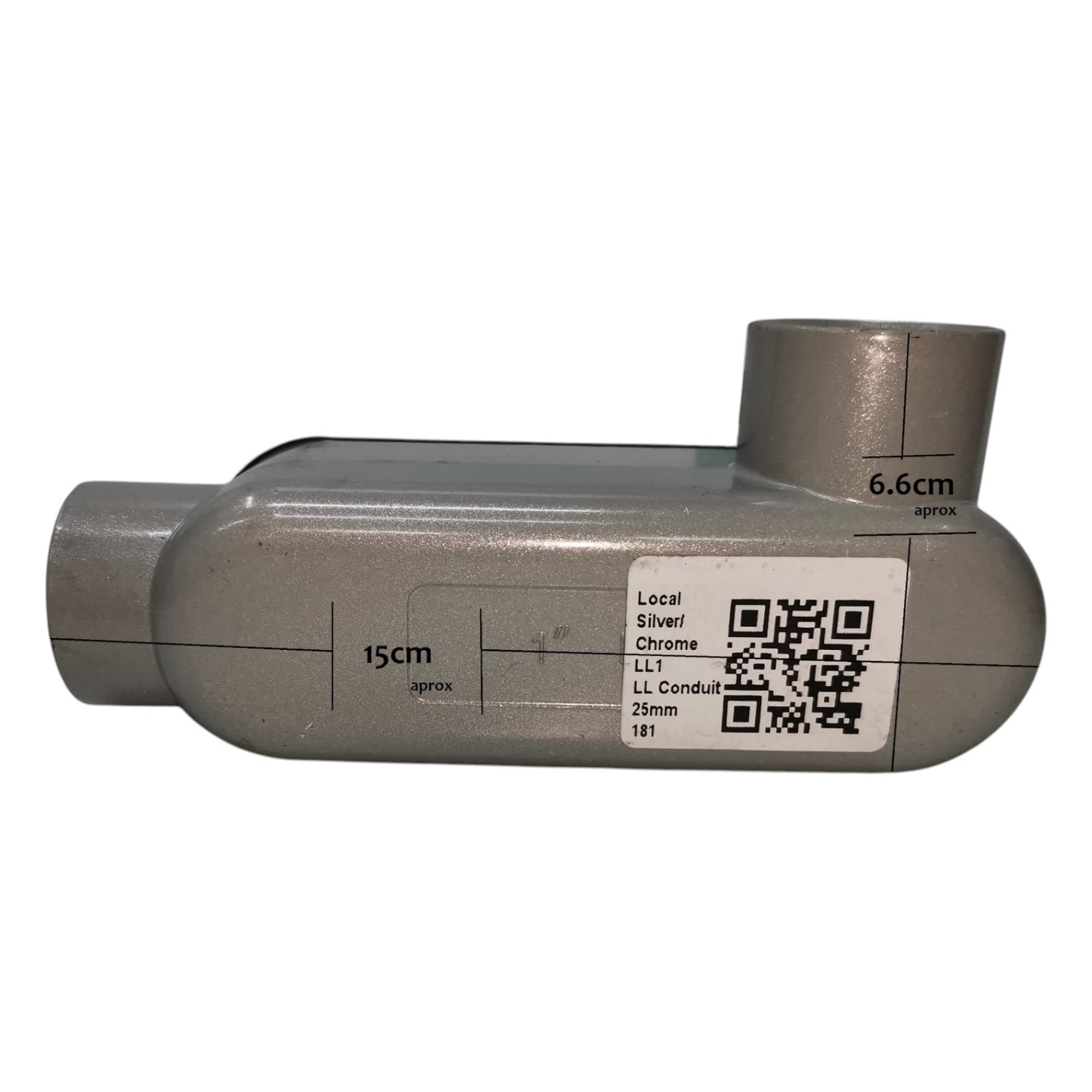Metal pipe fitting with measurement markings and a QR code on a white background
