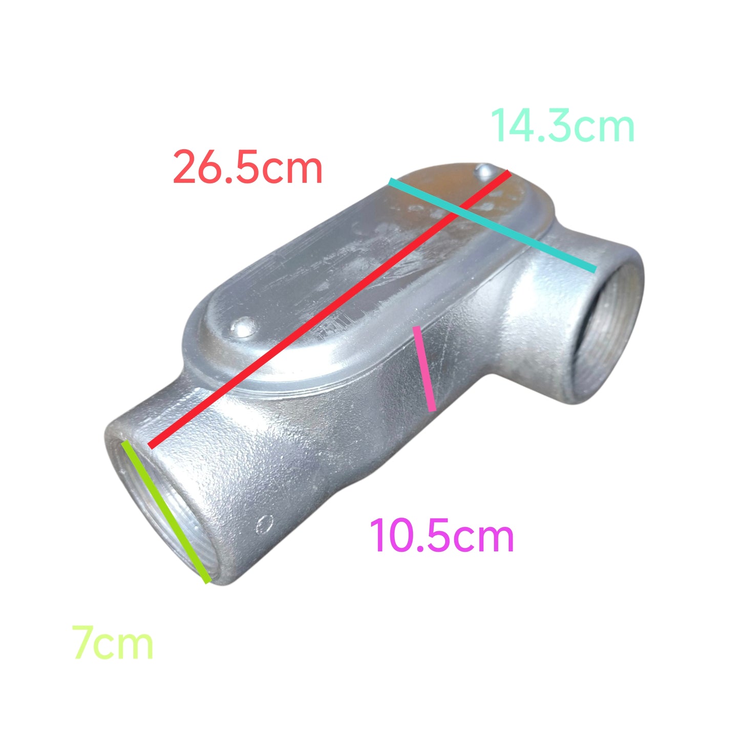 Metal pipe fitting with measurements marked on a white background