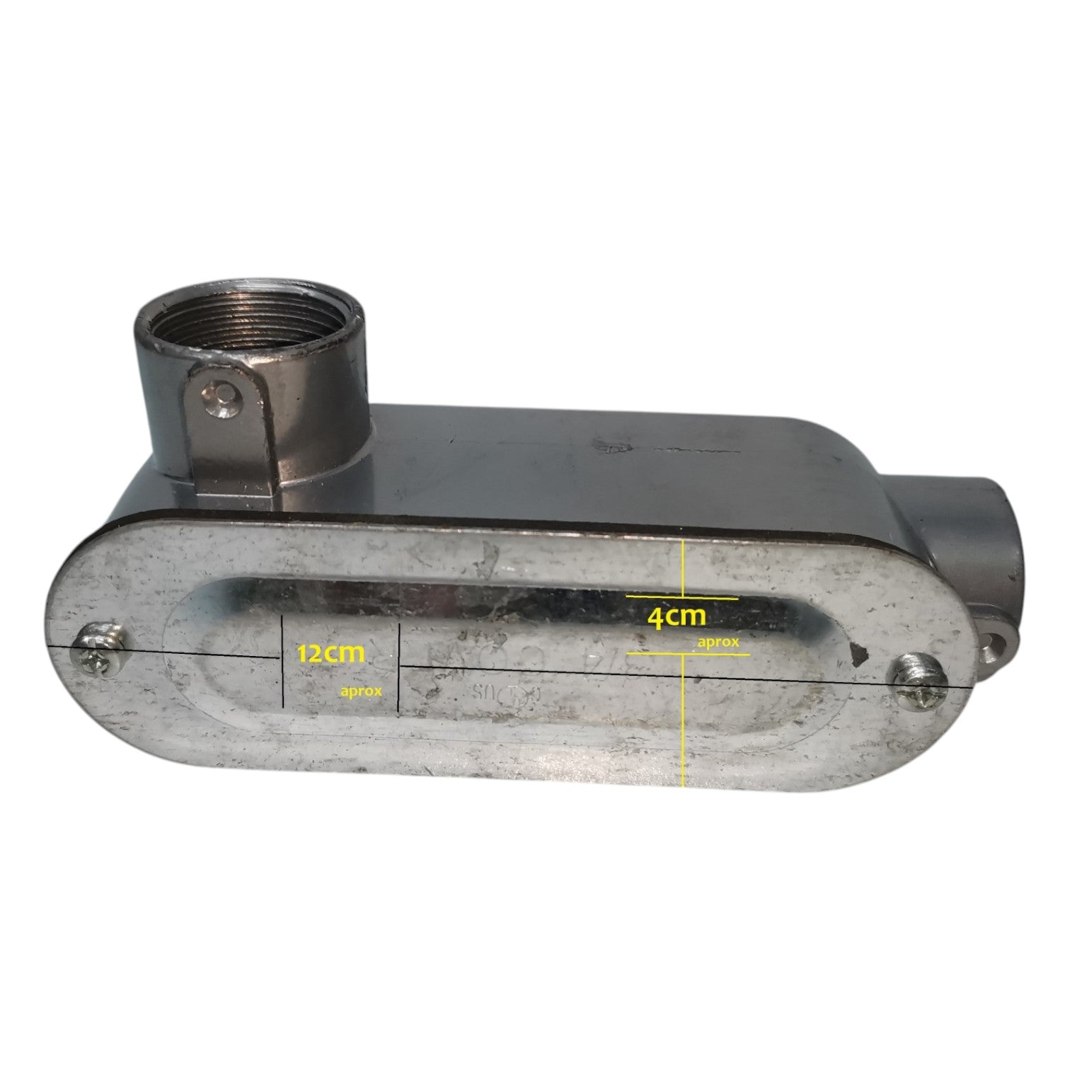 Metal pipe fitting with measurement markings on a white background
