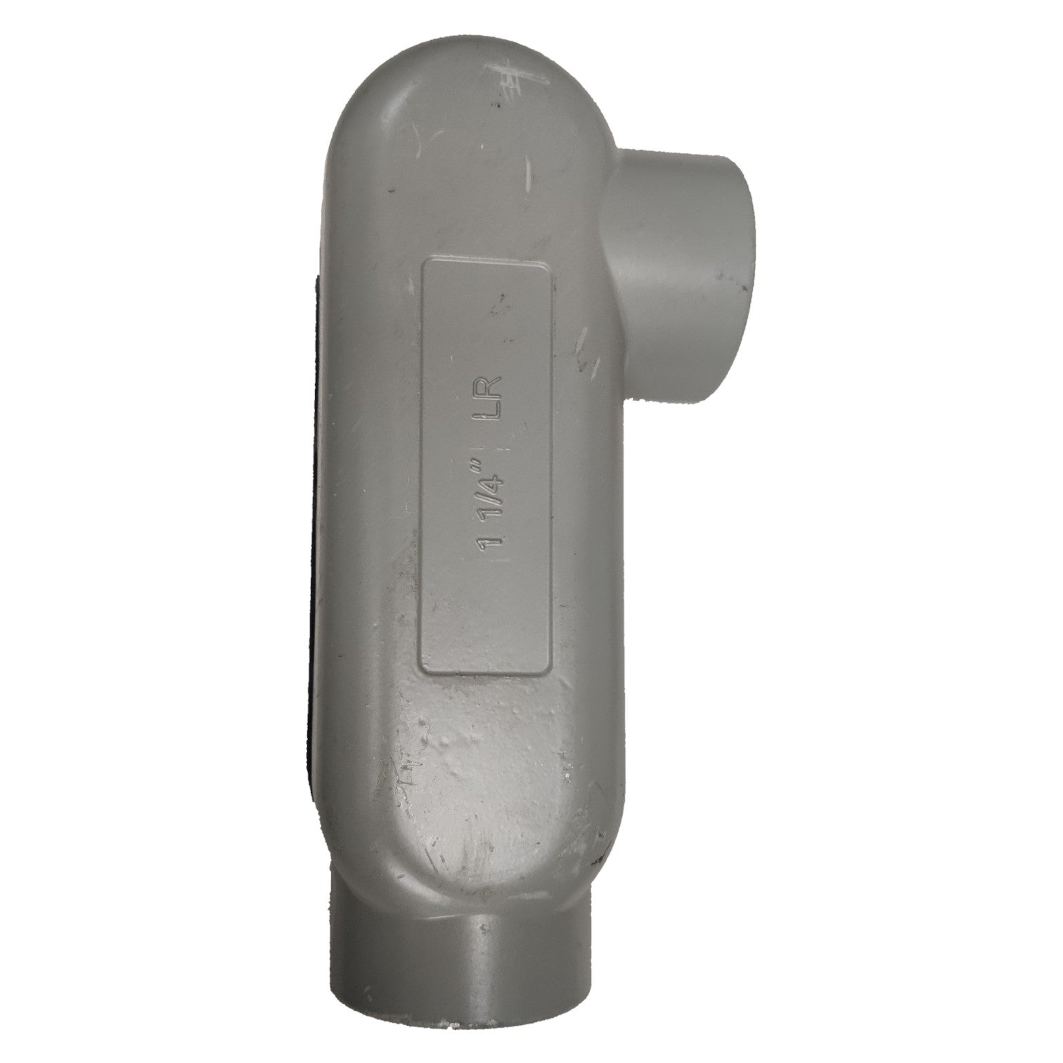 Gray plastic pipe fitting on a white background