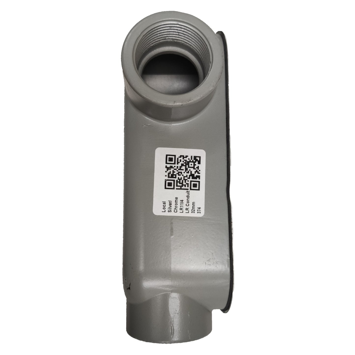 Metal valve with a QR code label on a white background