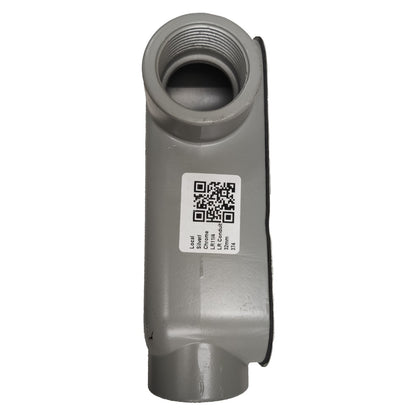 Metal valve with a QR code label on a white background